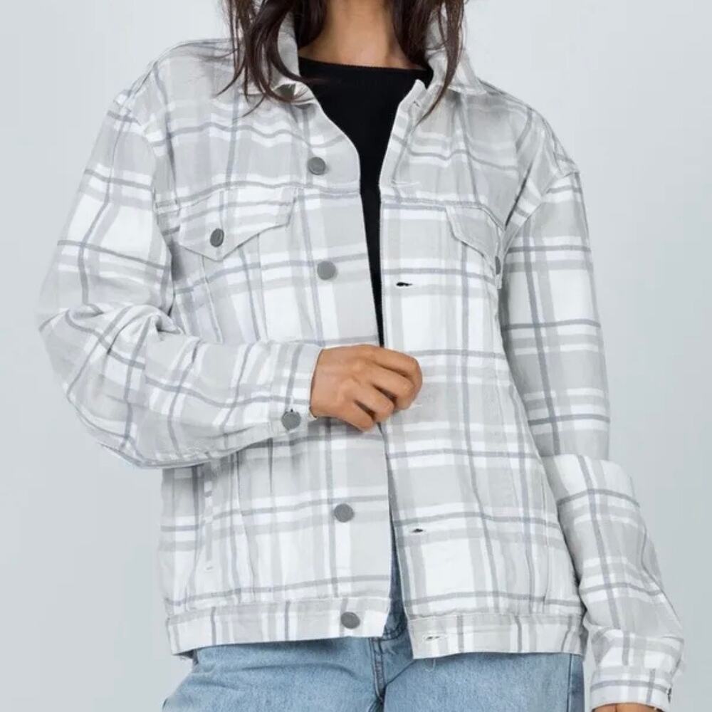 Princess Polly Brielle Denim Jacket in Beige Check Plaid Button Down 100% Cotton